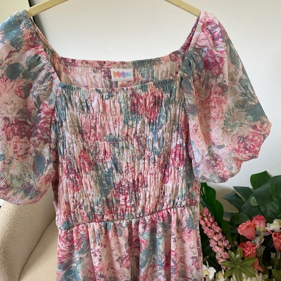 NWT LuLaRoe Alina Floral Smocked Puff Sleeve Nap Dress w Pockets | Pink Pastel - Picture 9 of 14